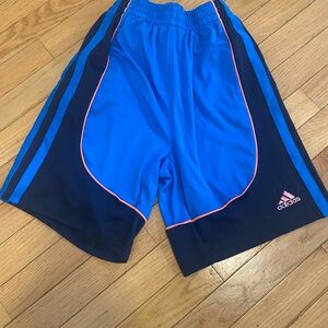 adidas boys Royal Blue & Navy Athletic Shorts with Coral Trim.